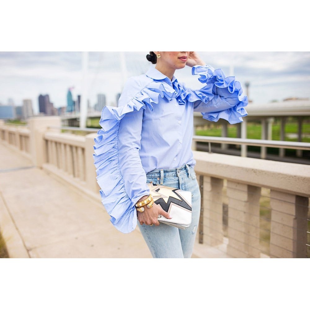 Luxe by Stylekeepers Ruffle Trim Button Down Shirt Striped Long Sleeve Statement